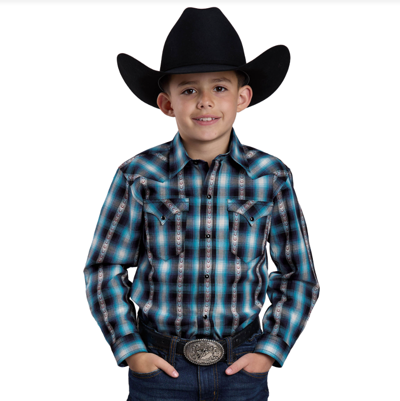 Roper Boys West Made Collection LS Plaid Blue