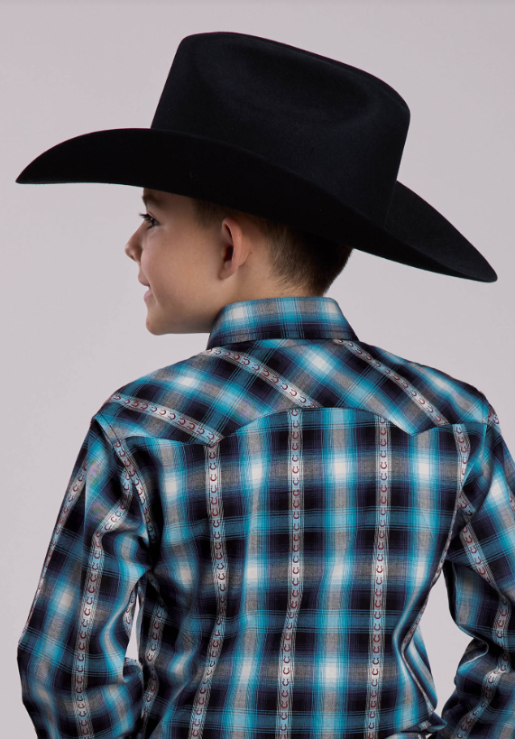 Roper Boys West Made Collection LS Plaid Blue