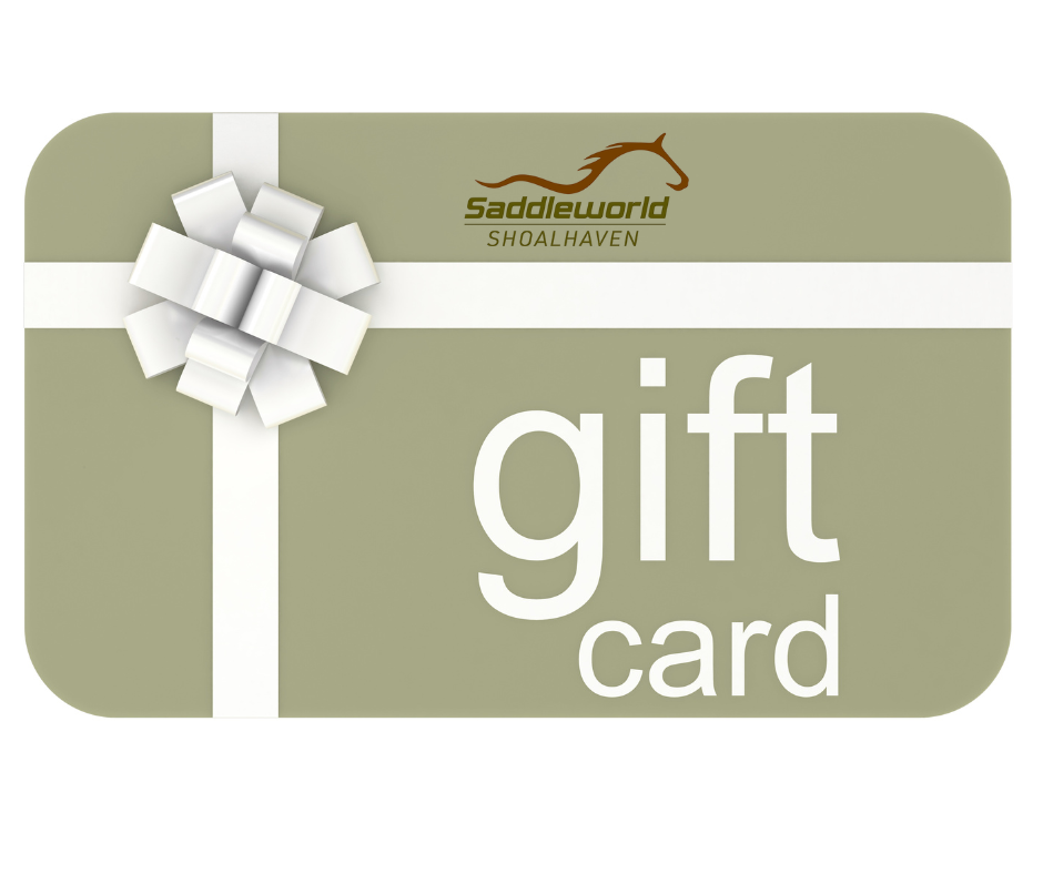 Saddleworld Shoalhaven gift card with a white bow on a beige background